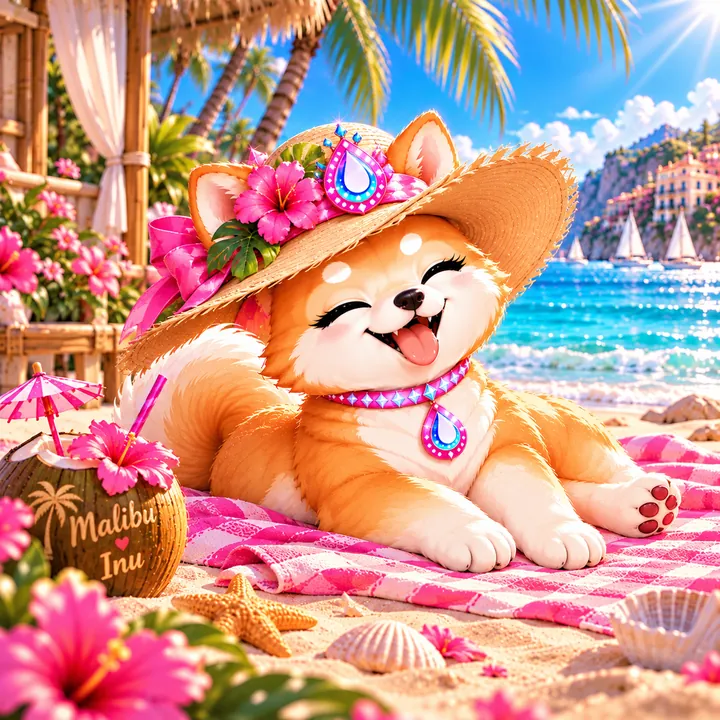 Malibu Inu laughing in a straw sun hat with a pink hibiscus, stretched out on a pink checked beach blanket