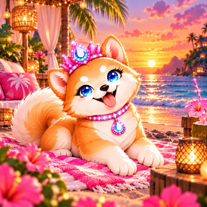 Malibu Inu lying on a pink blanket on the beach at sunset, smiling up at the sky