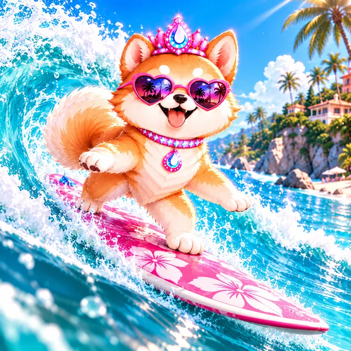 Malibu Inu in heart-shaped sunglasses, surfing a big wave on a pink surfboard with white hibiscus flowers