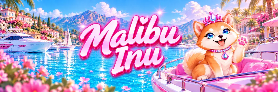 Malibu Inu banner: the logo over a sunny harbor, with the mascot waving from a pink boat