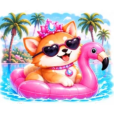 Malibu Inu in sunglasses on a pink flamingo pool float