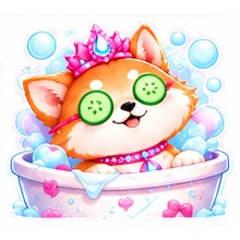 Malibu Inu in a bubble bath with cucumber slices on her eyes