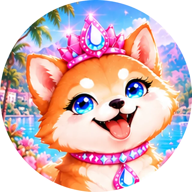 Malibu Inu profile picture: her smiling face in a round frame, with palm trees and the sea behind her