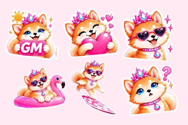Six Malibu Inu stickers: holding a GM sign, hugging a heart, in heart sunglasses, on a flamingo float, surfing and asking a question