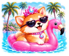 Malibu Inu in sunglasses on a pink flamingo pool float