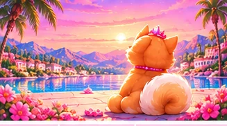 Malibu Inu from behind, watching the sun set over the water with her crown on